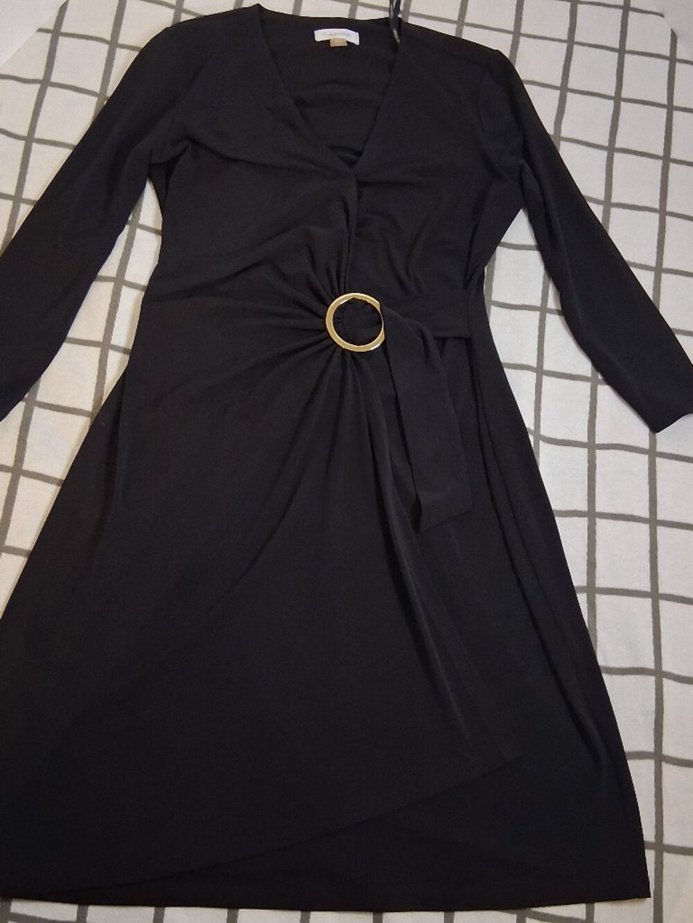 Size 4 Calvin Klein Black V-Neck Dress with Gold Ring Waist Accent